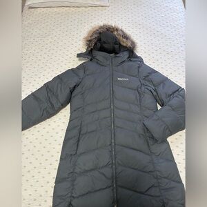 Marmot Women's Dark Grey Long Down Parka with Faux Fur Hood Trim